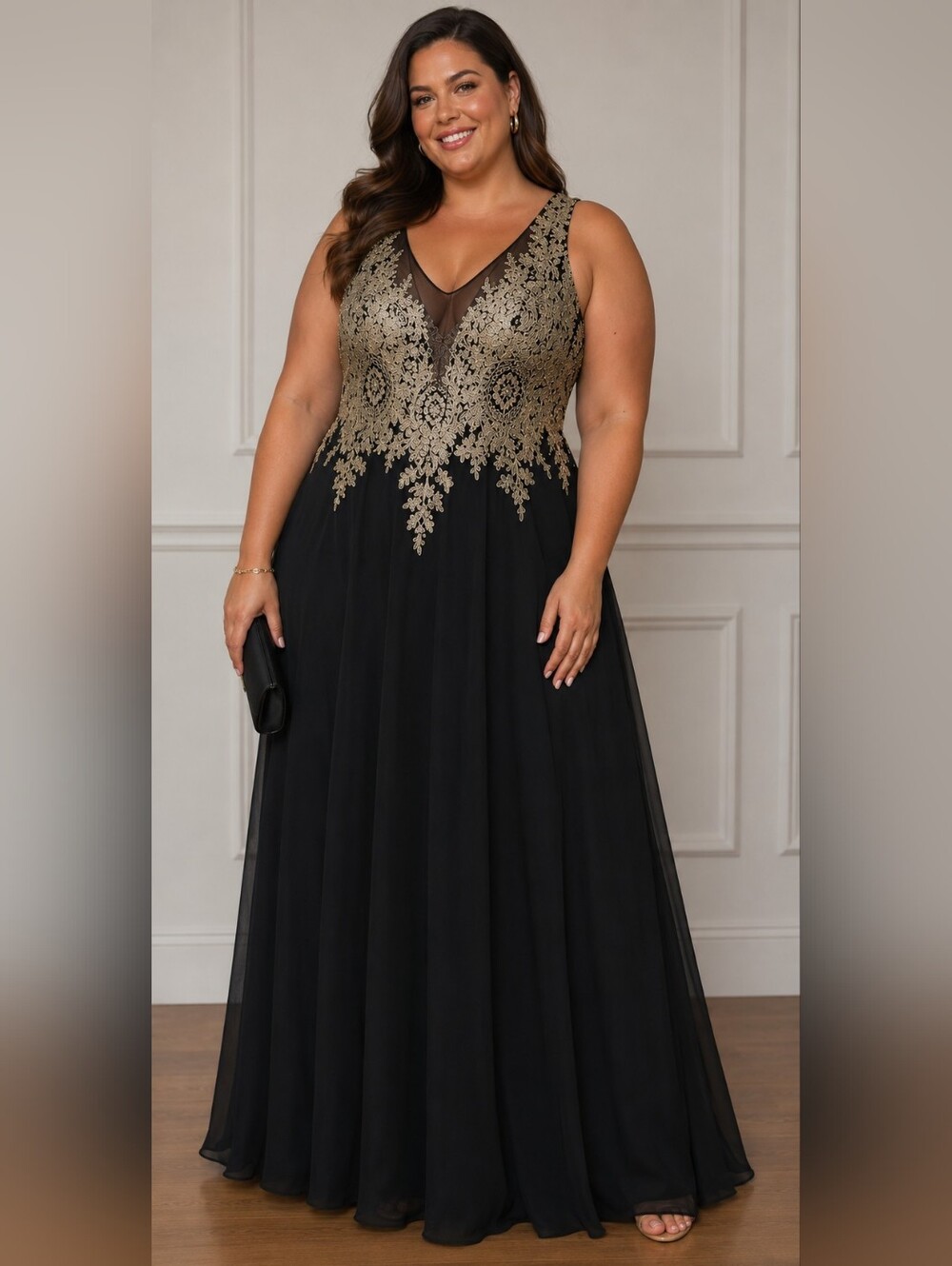 Black & Gold Embroidered Evening Gown Formal Maxi Dress Sleeveless Mesh